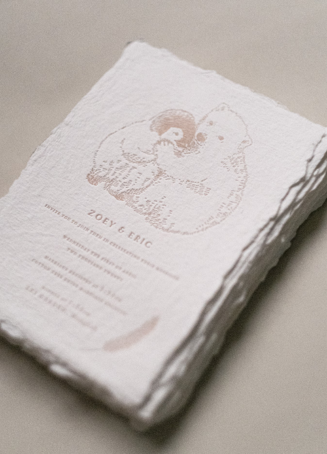 polar bear and penguin invitation in letterpress in blush color-cotton rag paper