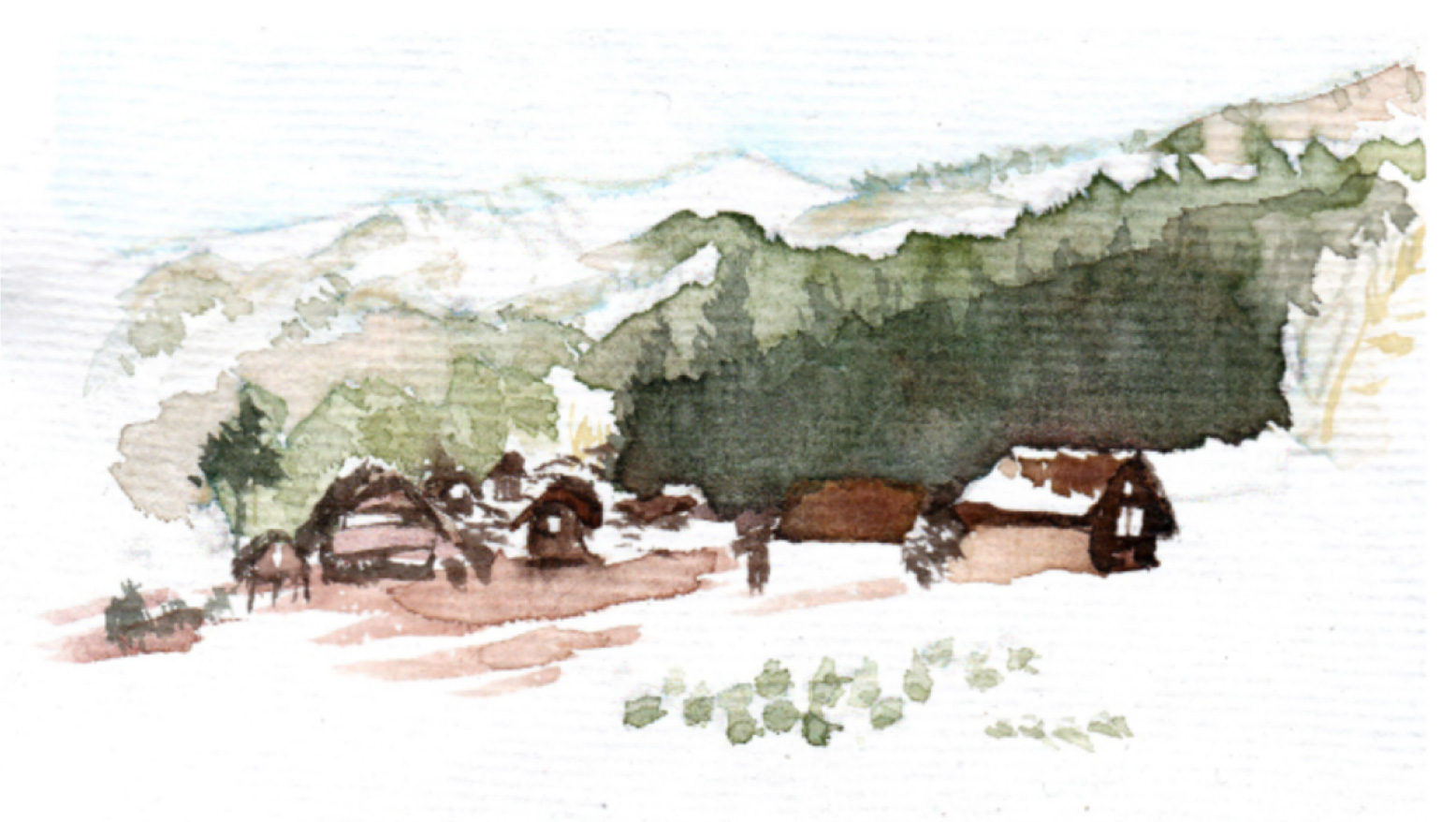 watercolor venue illustration japan shirakawago