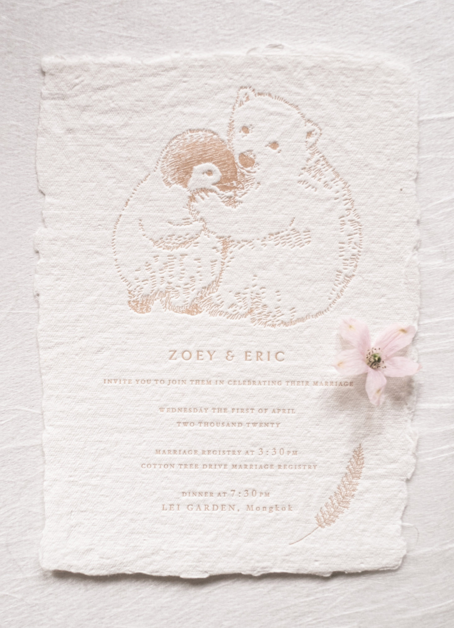 Polar-bear-and-penguin-invitation-in-letterpress-in-blush-color-cotton-rag-paper