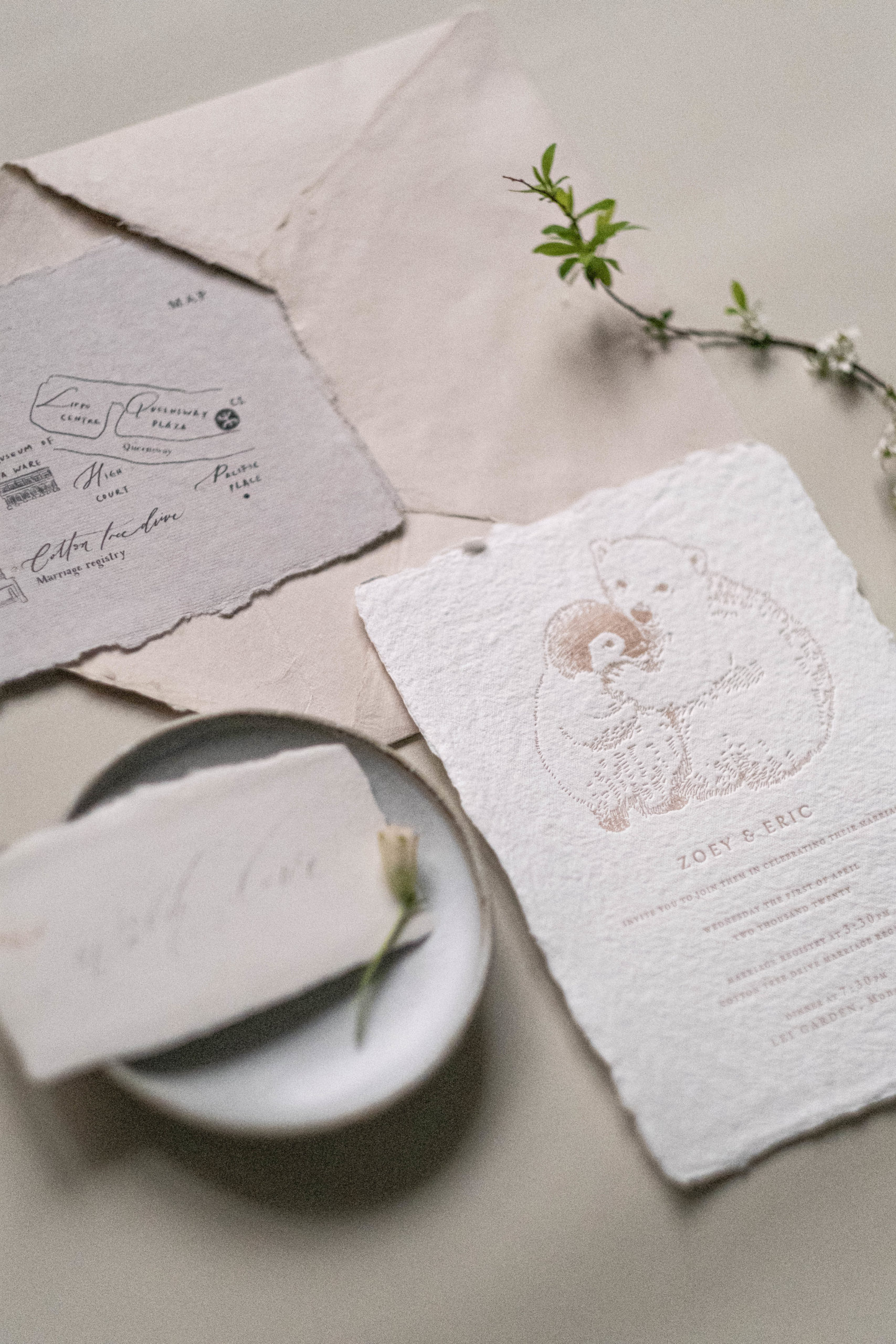 polar bear and penguin wedding suite in letterpress in blush color-cotton rag paper