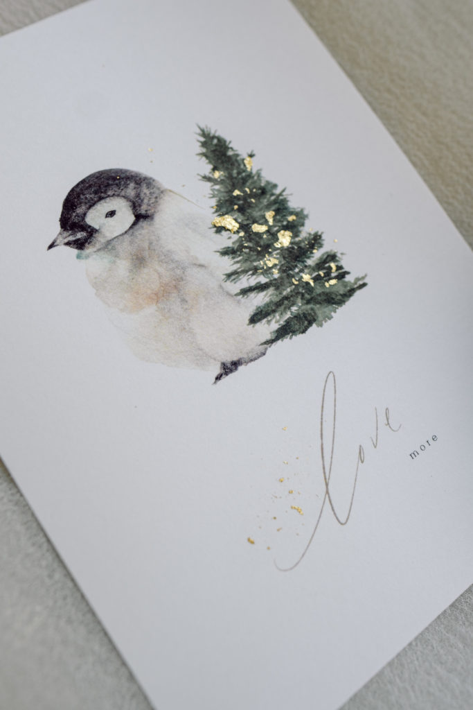 Penguin Christmas Holiday card with gold flakes and Self love Gratitude Motivation Calligraphy Design