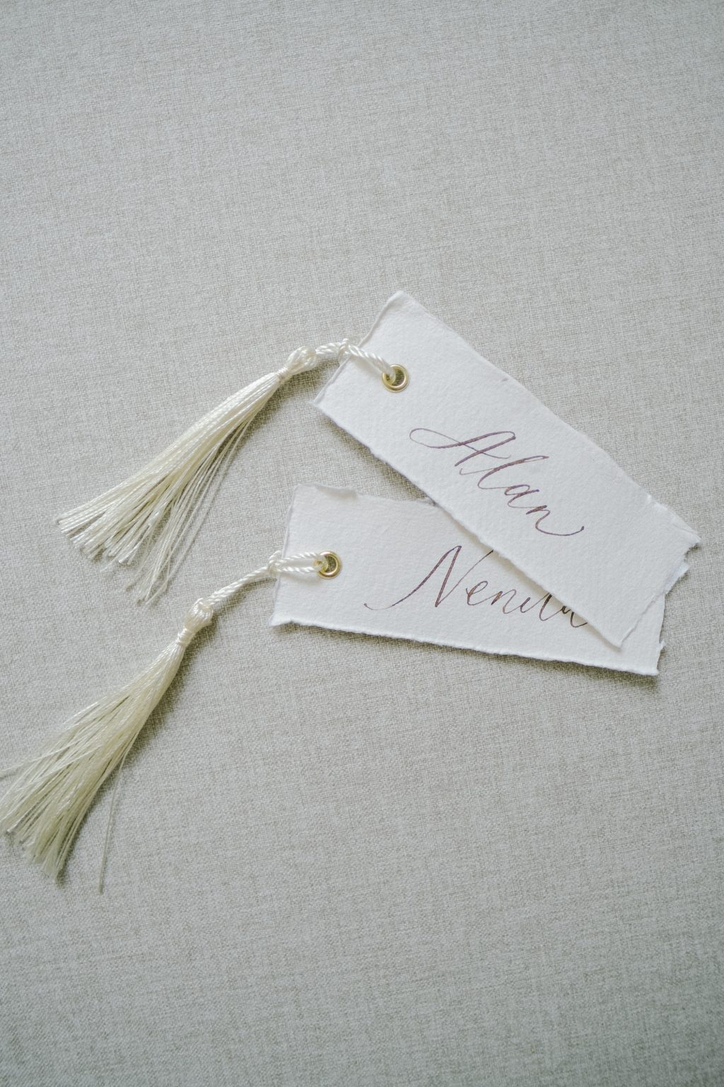 Place Cards with gold eyelet and Tassels