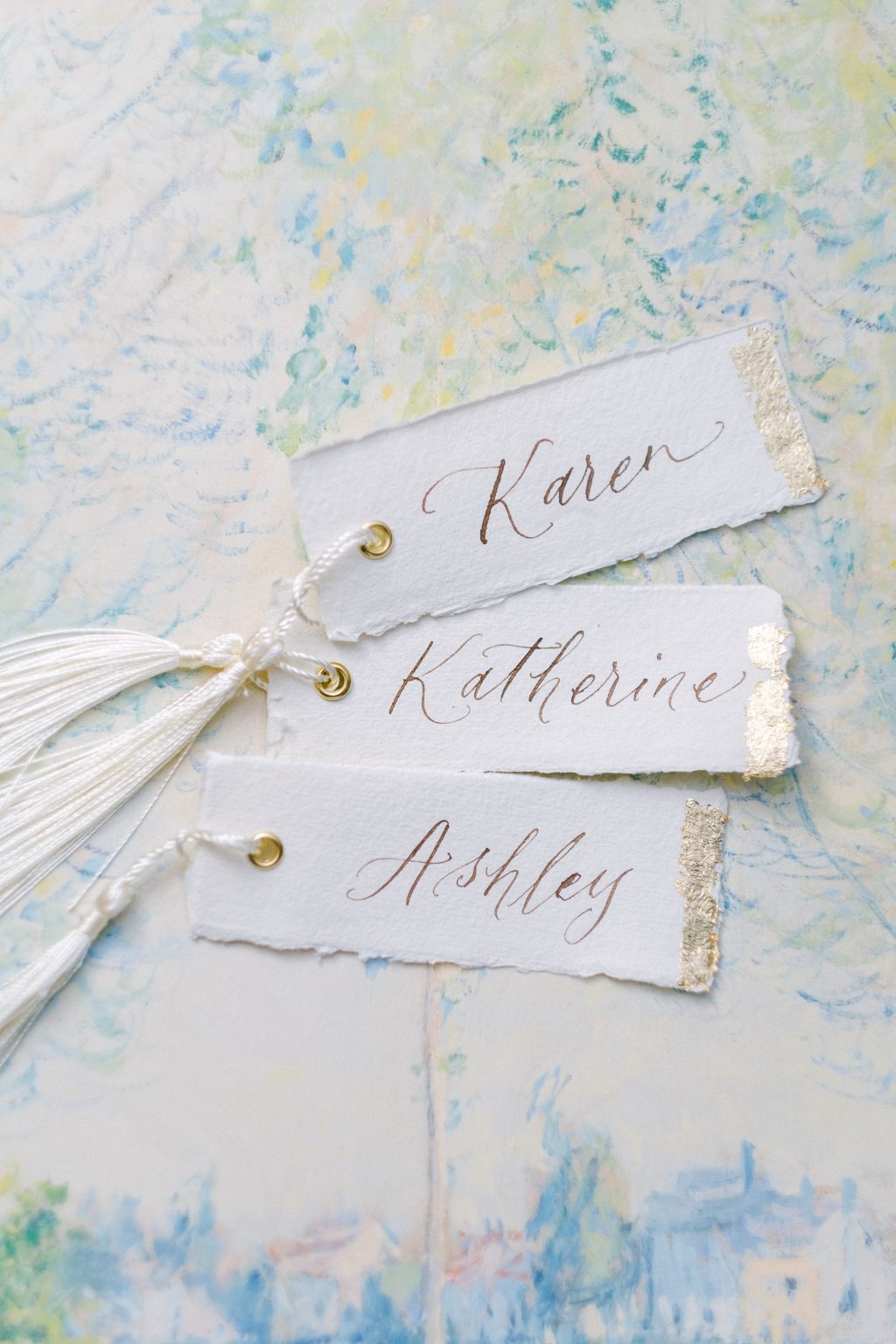Gold Flakes Version - Place Cards with gold eyelet and Tassels