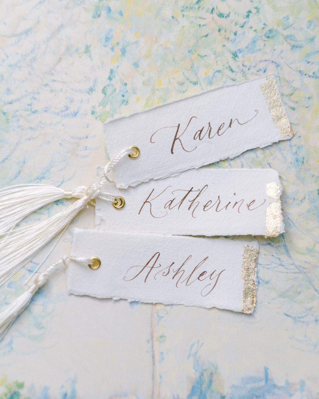 Gold Flakes Version - Place Cards with gold eyelet and Tassels