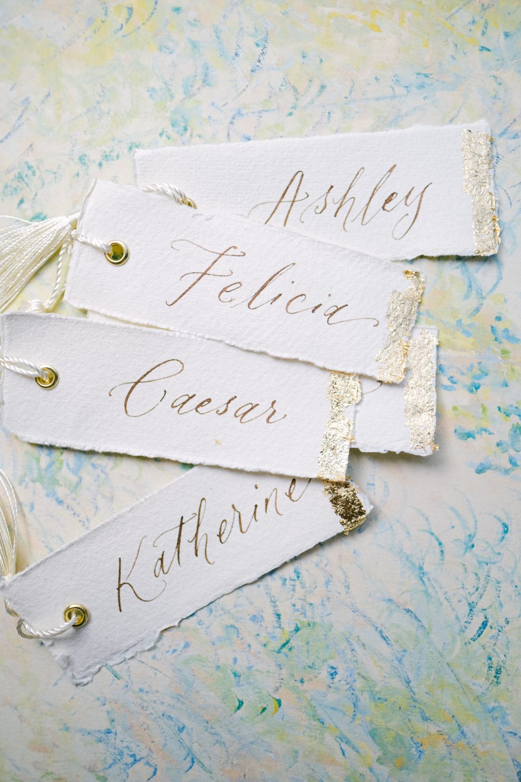 Gold Flakes Version - Place Cards with gold eyelet and Tassels