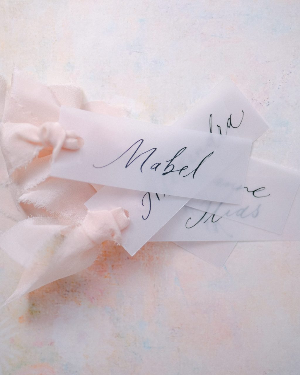 Vellum Place Cards with Blush Ribbons
