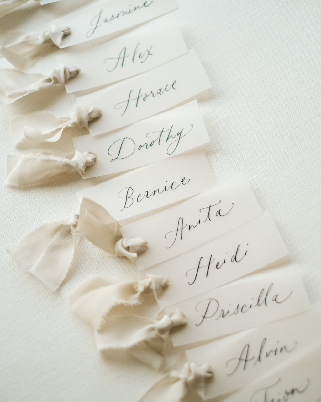 Vellum Place Cards with Nude Grey Ribbons