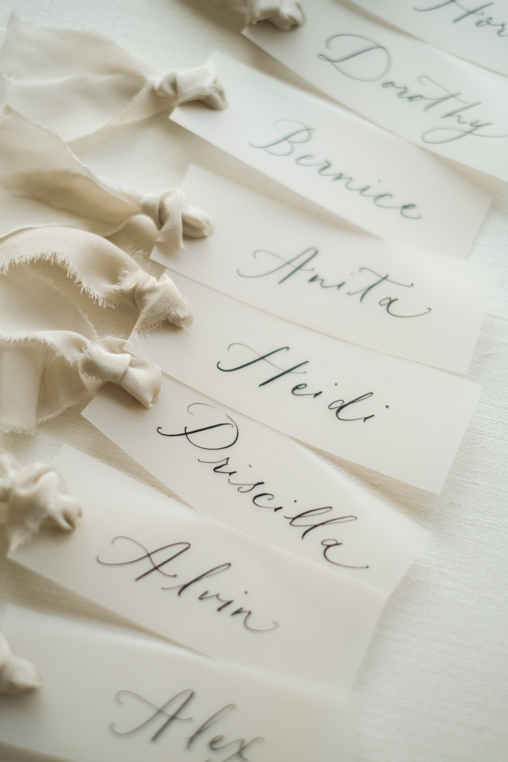 Vellum Place Cards with Nude Grey Ribbons