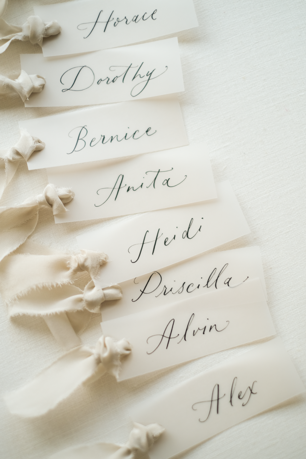 Vellum Place Cards with Nude Grey Ribbons