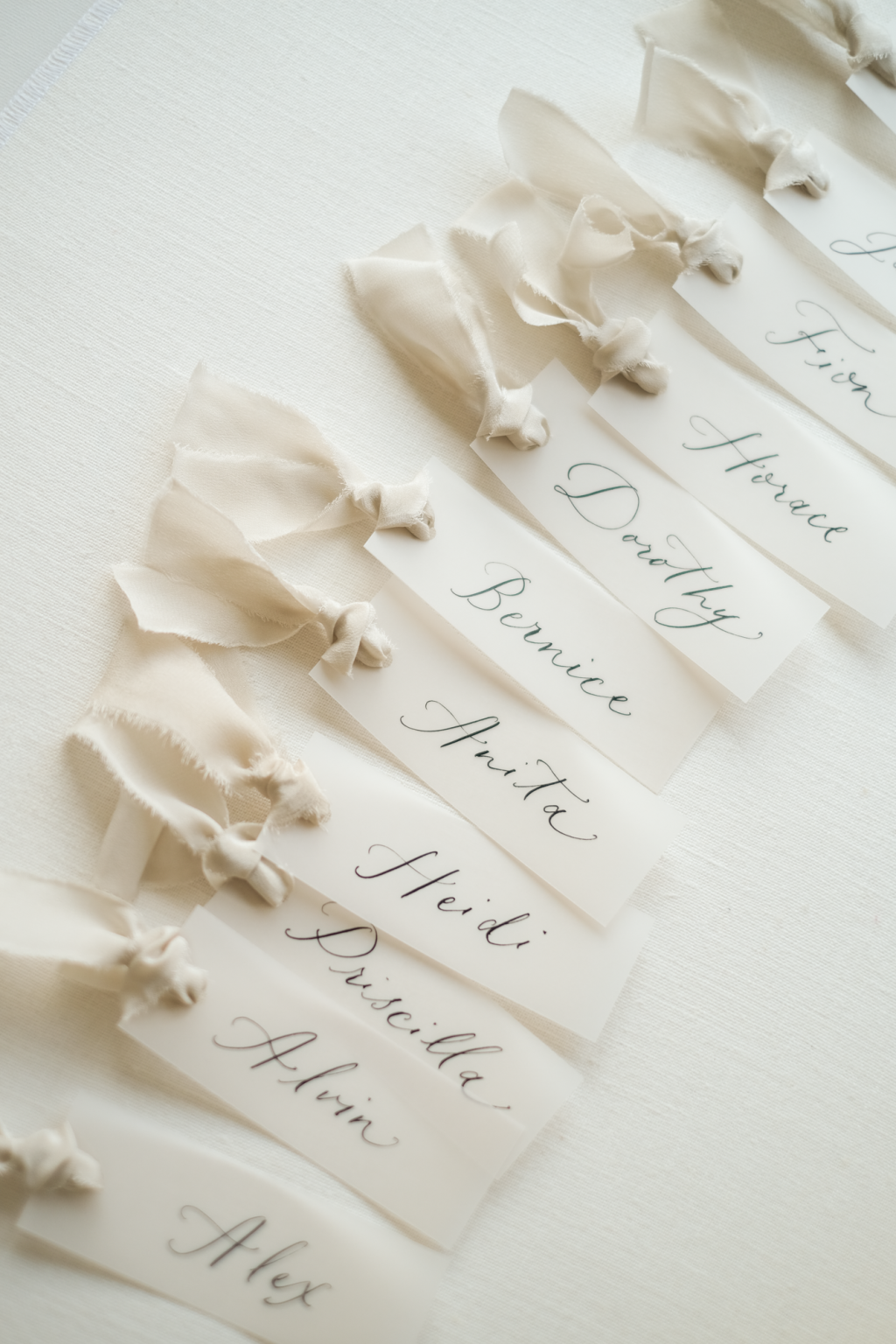Vellum Place Cards with Nude Grey Ribbons
