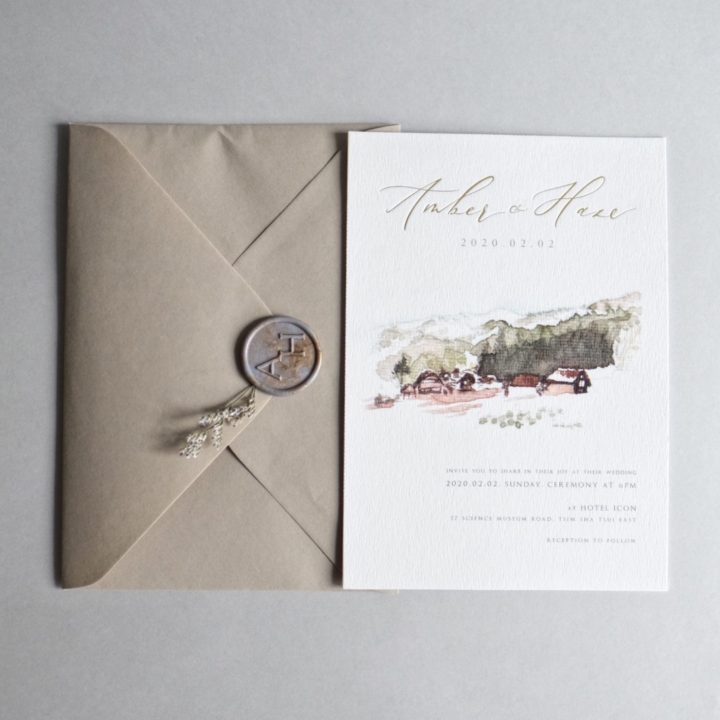 Amber_watercolor illustration invitation with taupe envelope with custom waxseals